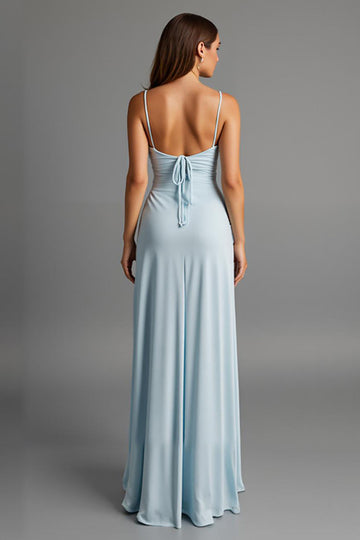 Robe de soirée en satin à bretelles spaghetti bleu ciel
